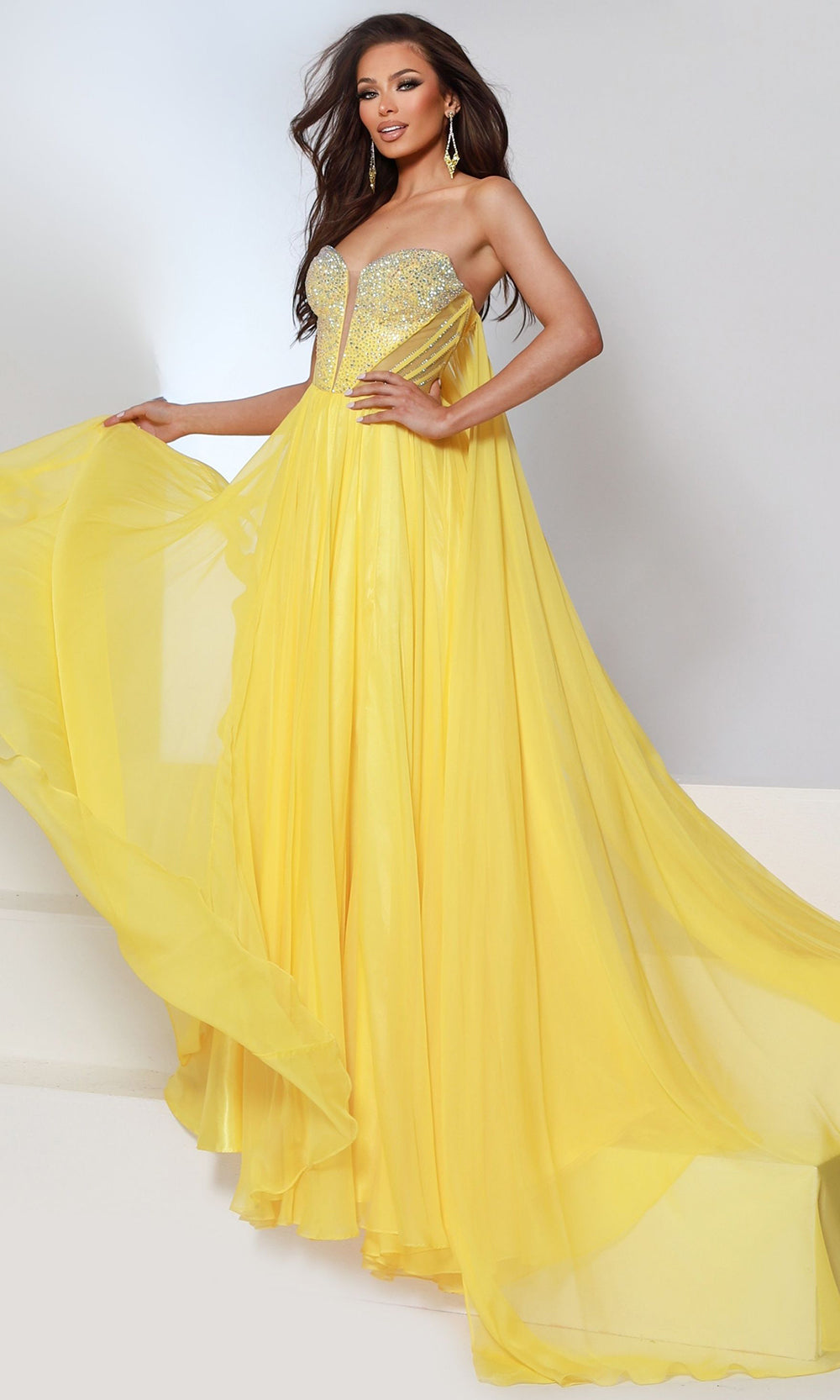 Johnathan Kayne 3221 - Illusion Crystal Bodice Chiffon Cape Dress Prom Dresses