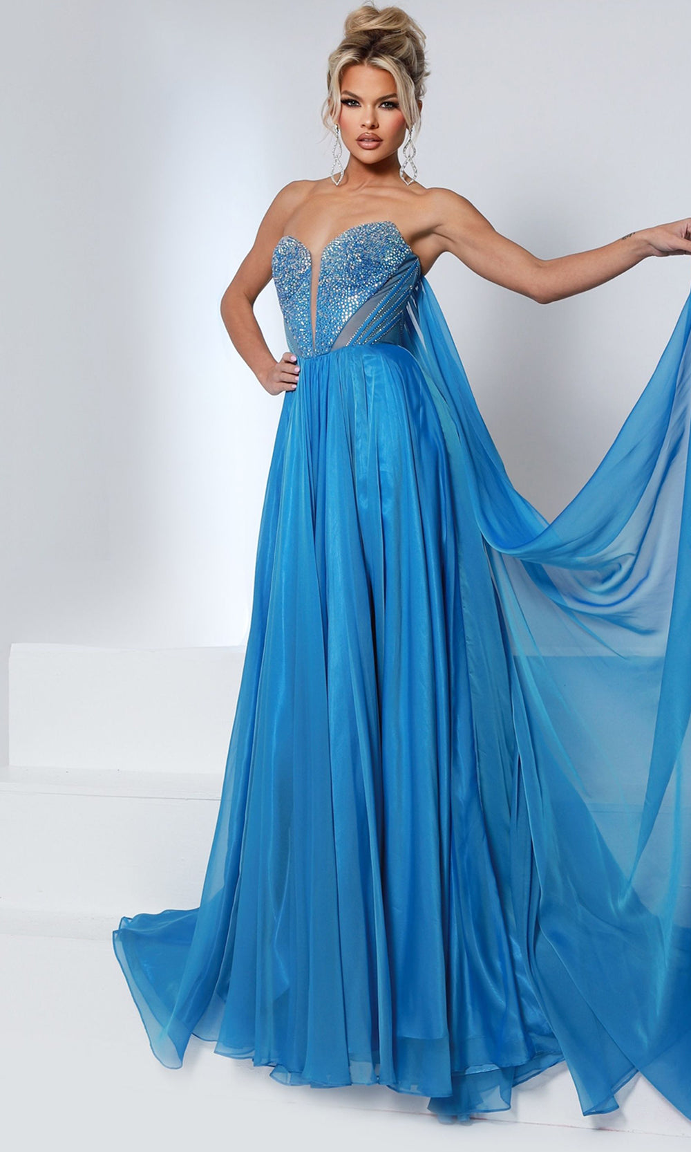 Johnathan Kayne 3221 - Illusion Crystal Bodice Chiffon Cape Dress Prom Dresses