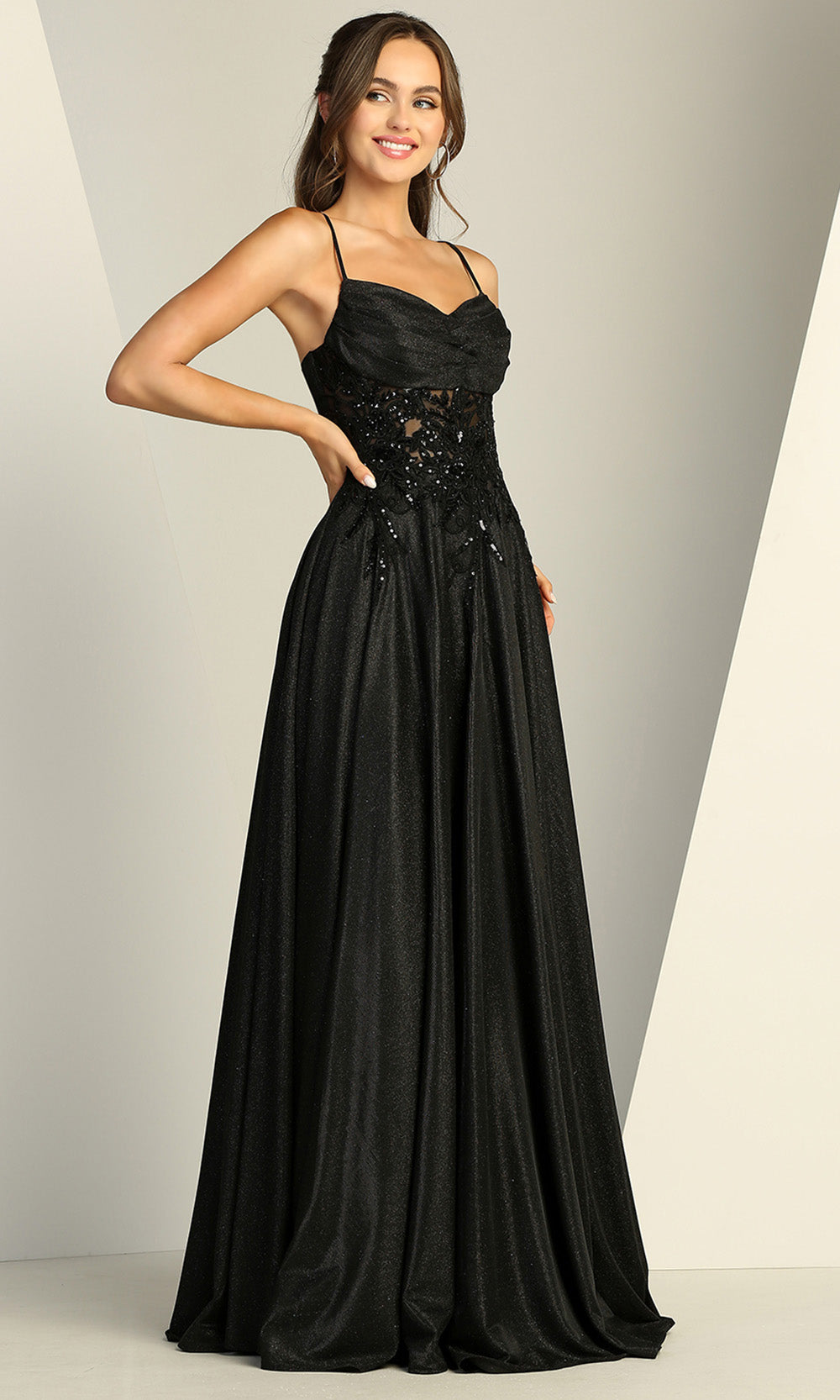 Adora Design 3232 - Spaghetti Strap Lace Applique Prom Dress In Black