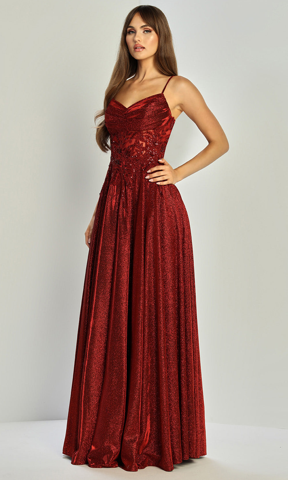 Adora Design 3232 - Spaghetti Strap Lace Applique Prom Dress In Red
