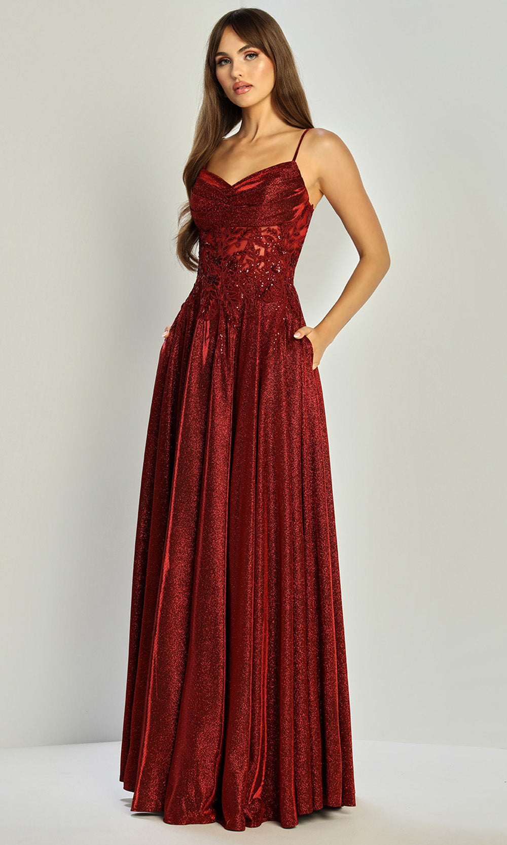 Adora Design 3232 - Spaghetti Strap Lace Applique Prom Dress In Red