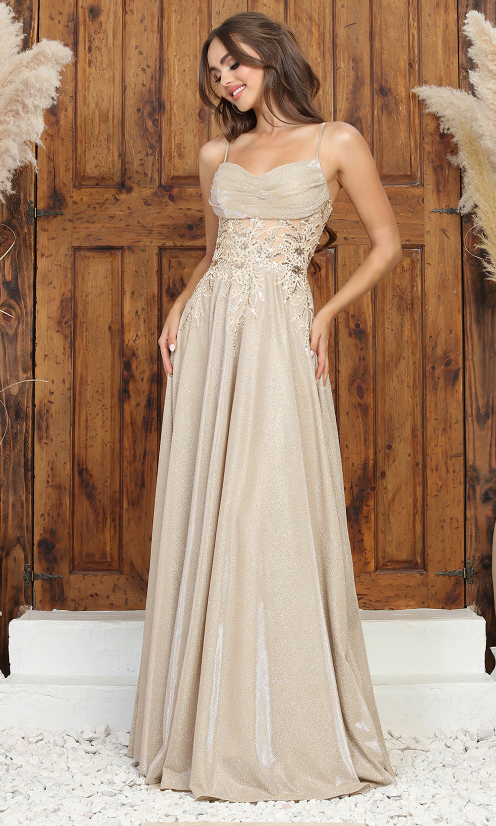 Adora Design 3232 - Spaghetti Strap Lace Applique Prom Dress In Neutral