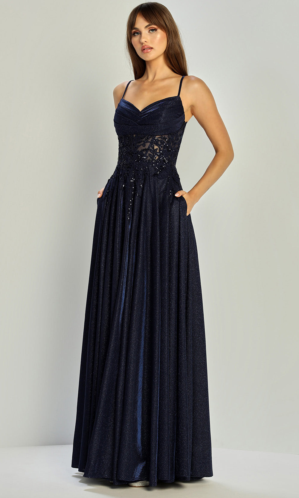 Adora Design 3232 - Spaghetti Strap Lace Applique Prom Dress In Blue