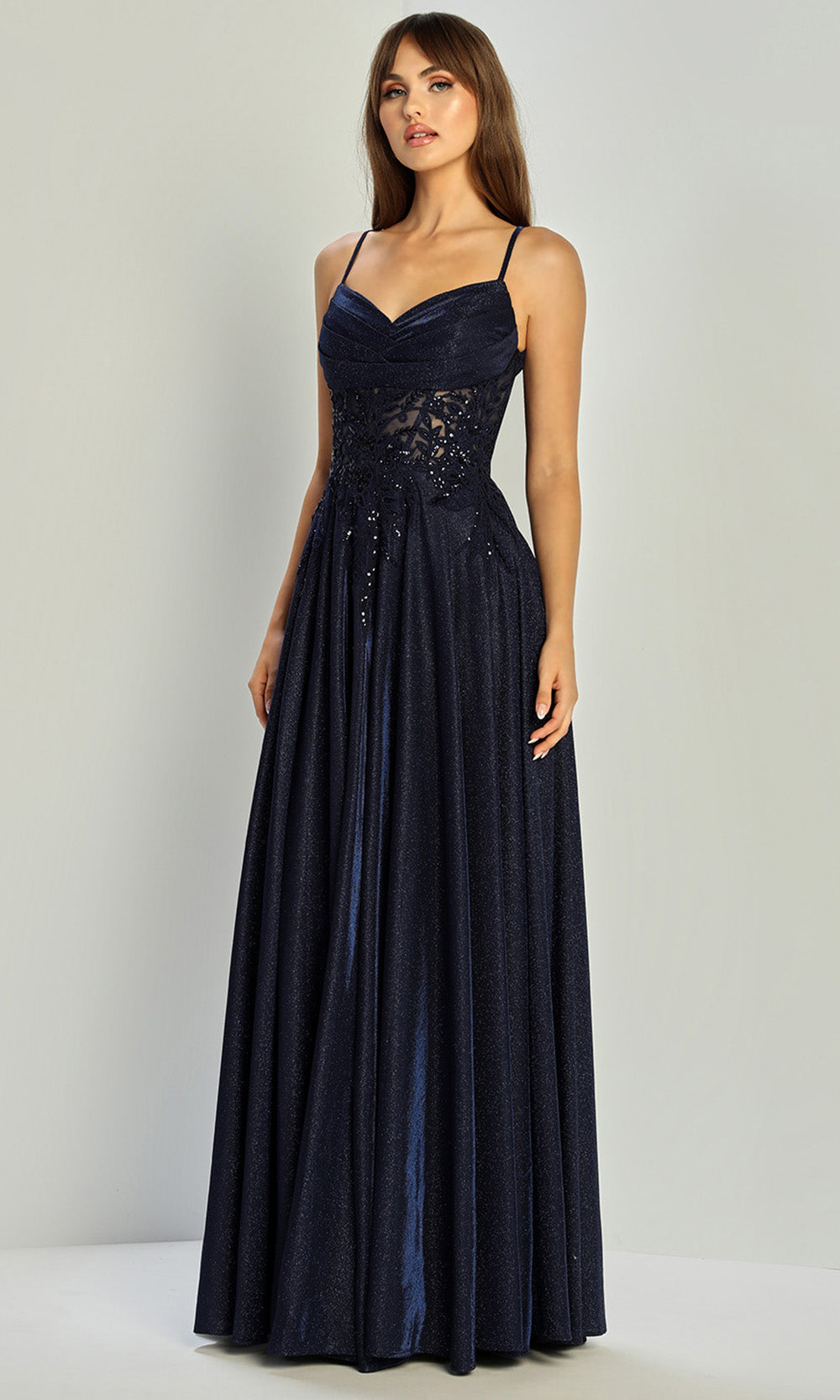 Adora Design 3232 - Spaghetti Strap Lace Applique Prom Dress In Blue