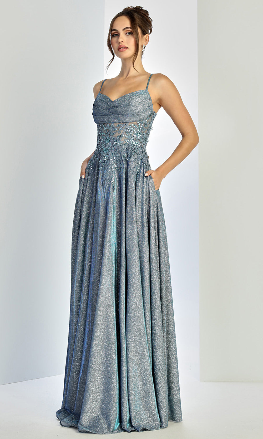 Adora Design 3232 - Spaghetti Strap Lace Applique Prom Dress In Blue