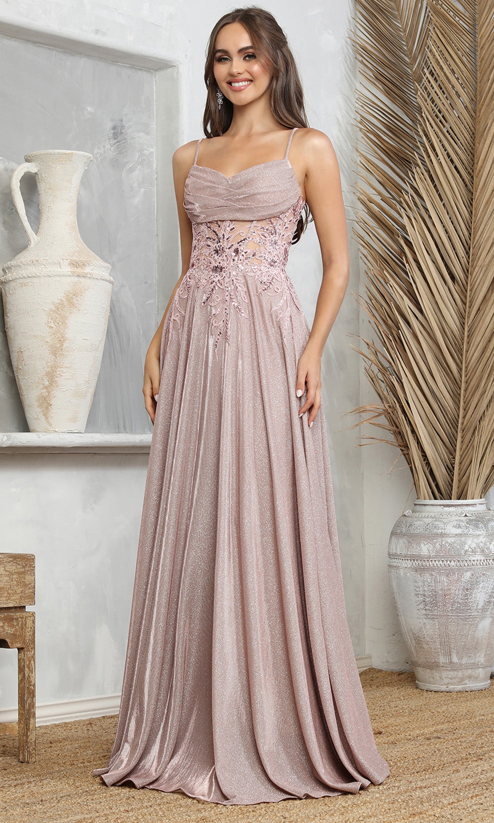 Adora Design 3232 - Spaghetti Strap Lace Applique Prom Dress In Pink