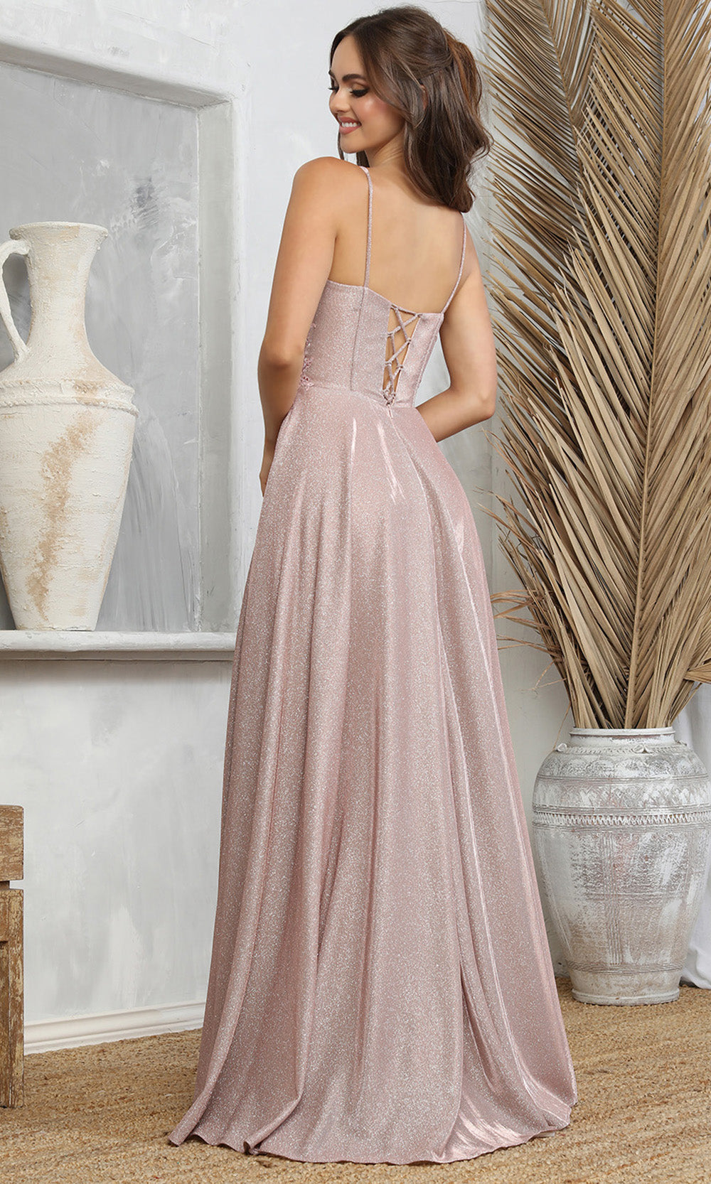 Adora Design 3232 - Spaghetti Strap Lace Applique Prom Dress In Pink