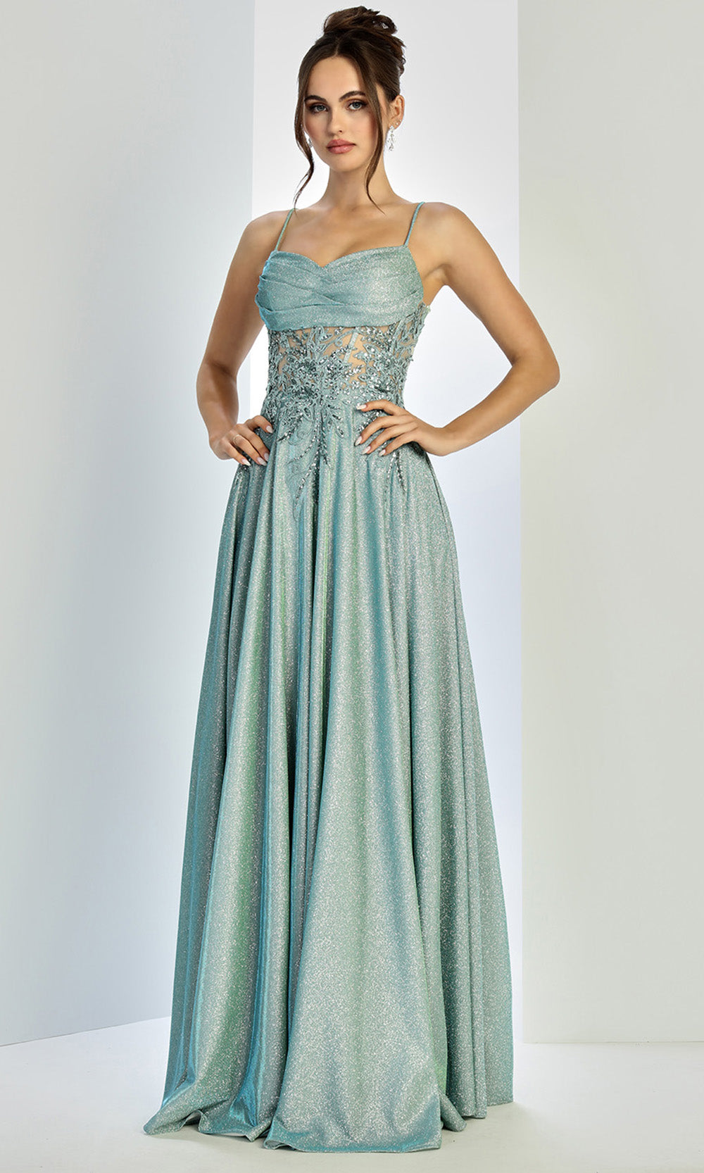 Adora Design 3232 - Spaghetti Strap Lace Applique Prom Dress In Green