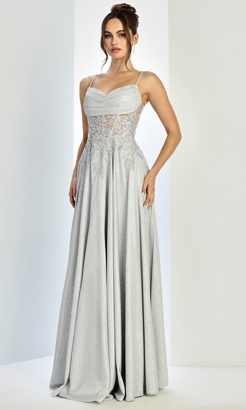 Adora Design 3232 - Spaghetti Strap Lace Applique Prom Dress In Silver