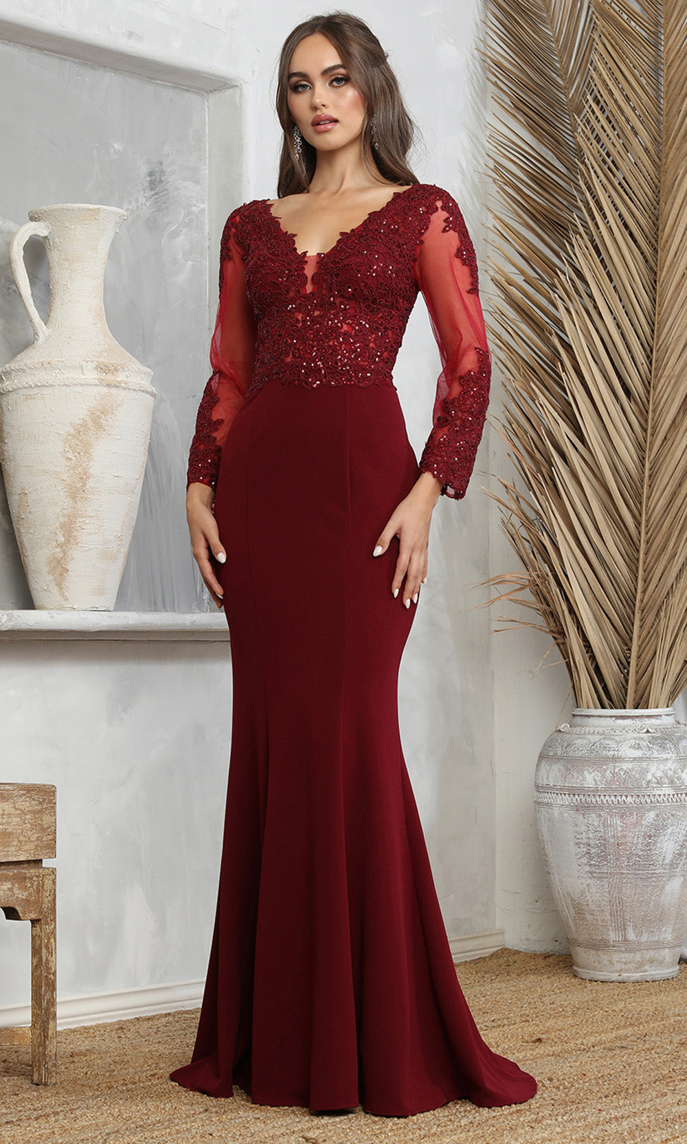 Adora Design 3233 - Embroidered Applique Illusion Sleeve Prom Dress In Red