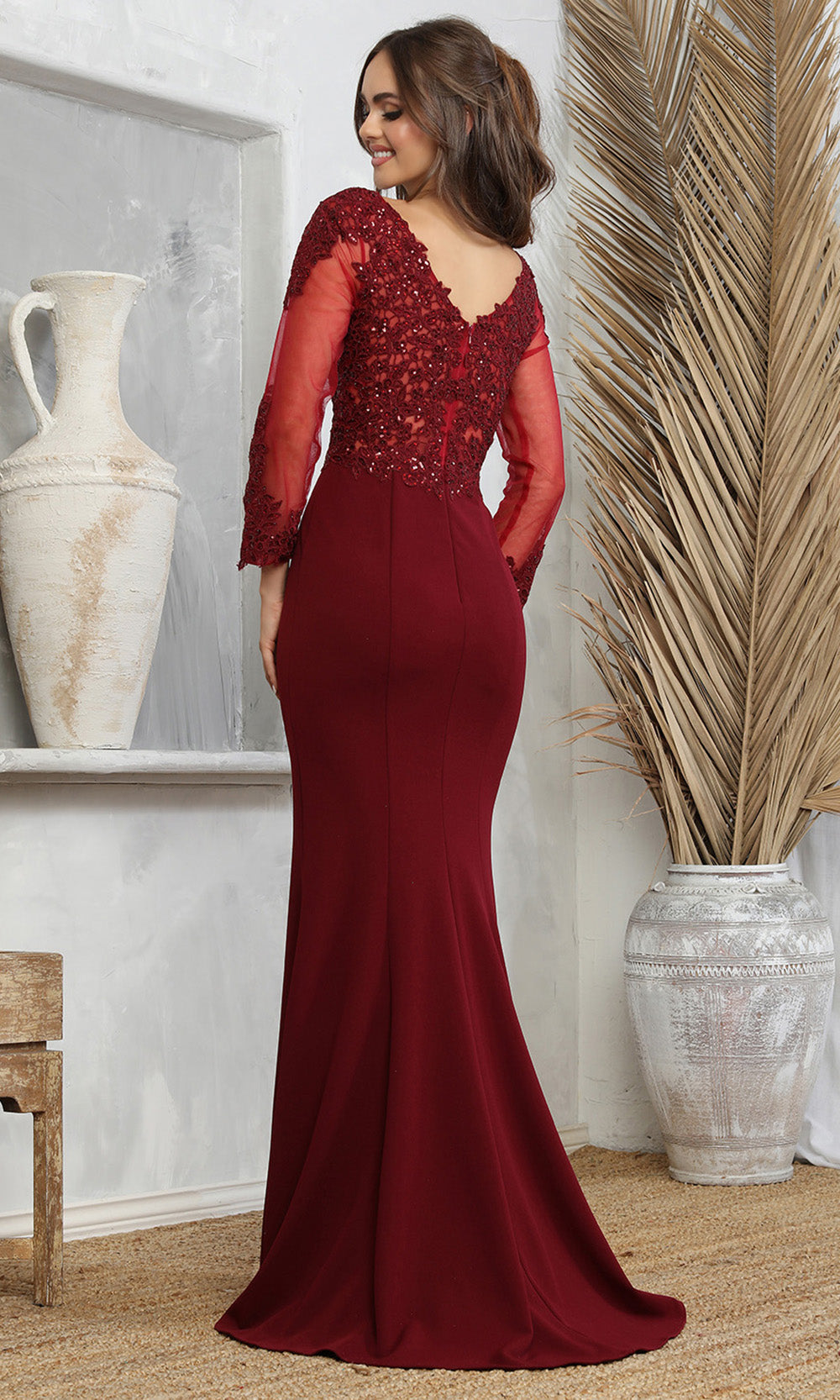 Adora Design 3233 - Embroidered Applique Illusion Sleeve Prom Dress In Red
