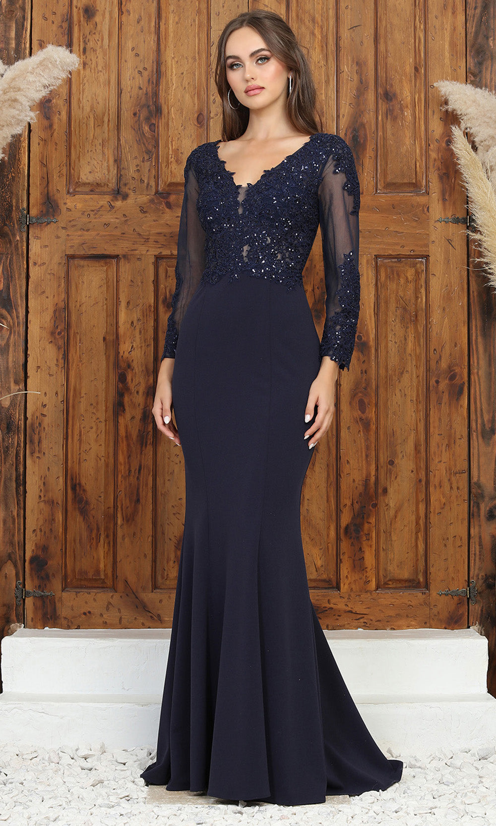 Adora Design 3233 - Embroidered Applique Illusion Sleeve Prom Dress In Blue