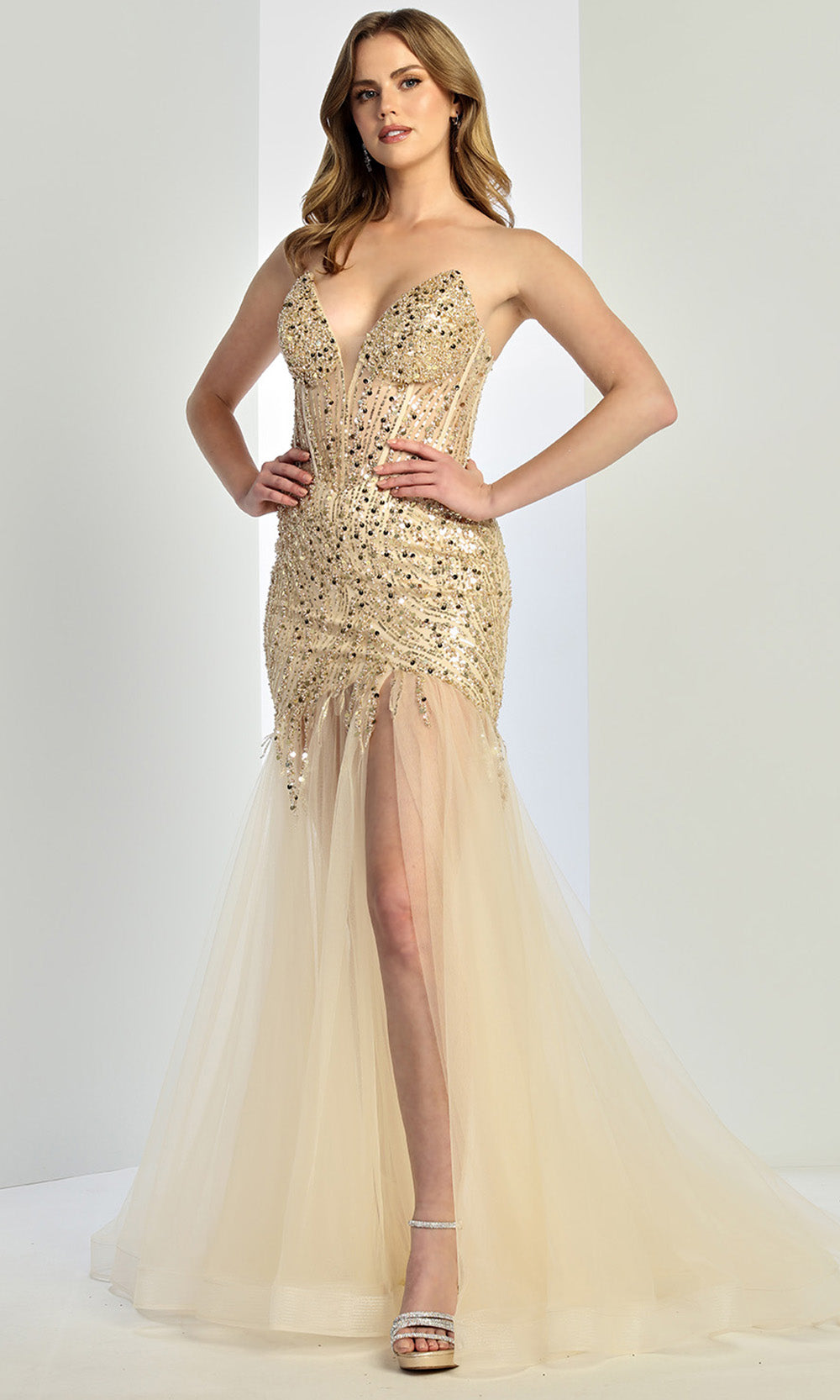 Adora Design 3240 - Mermaid Skirt Sparkle Evening Gown In Neutral