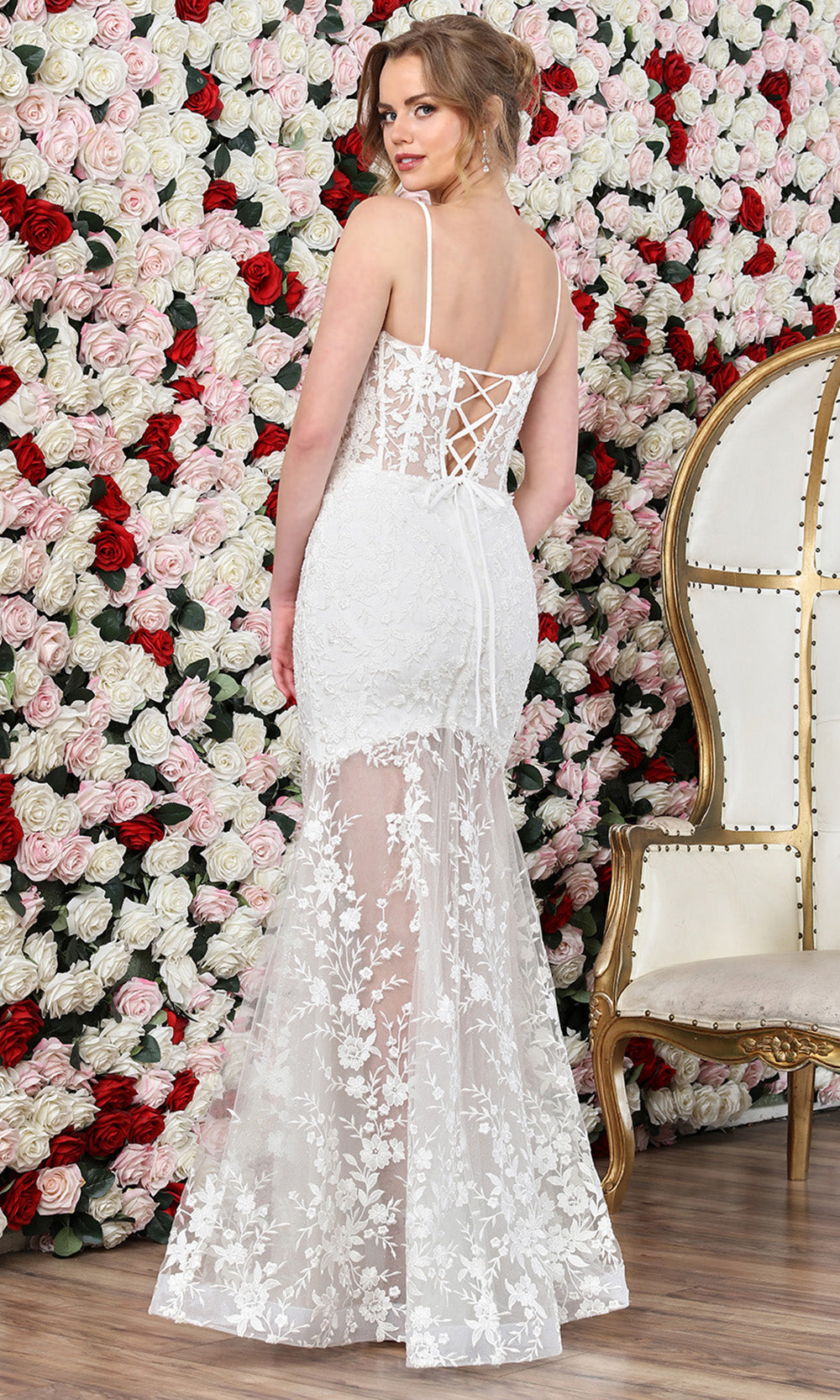 Adora Design 3242-01 - Floral Embroidered Spaghetti Strap Bridal Gown In White