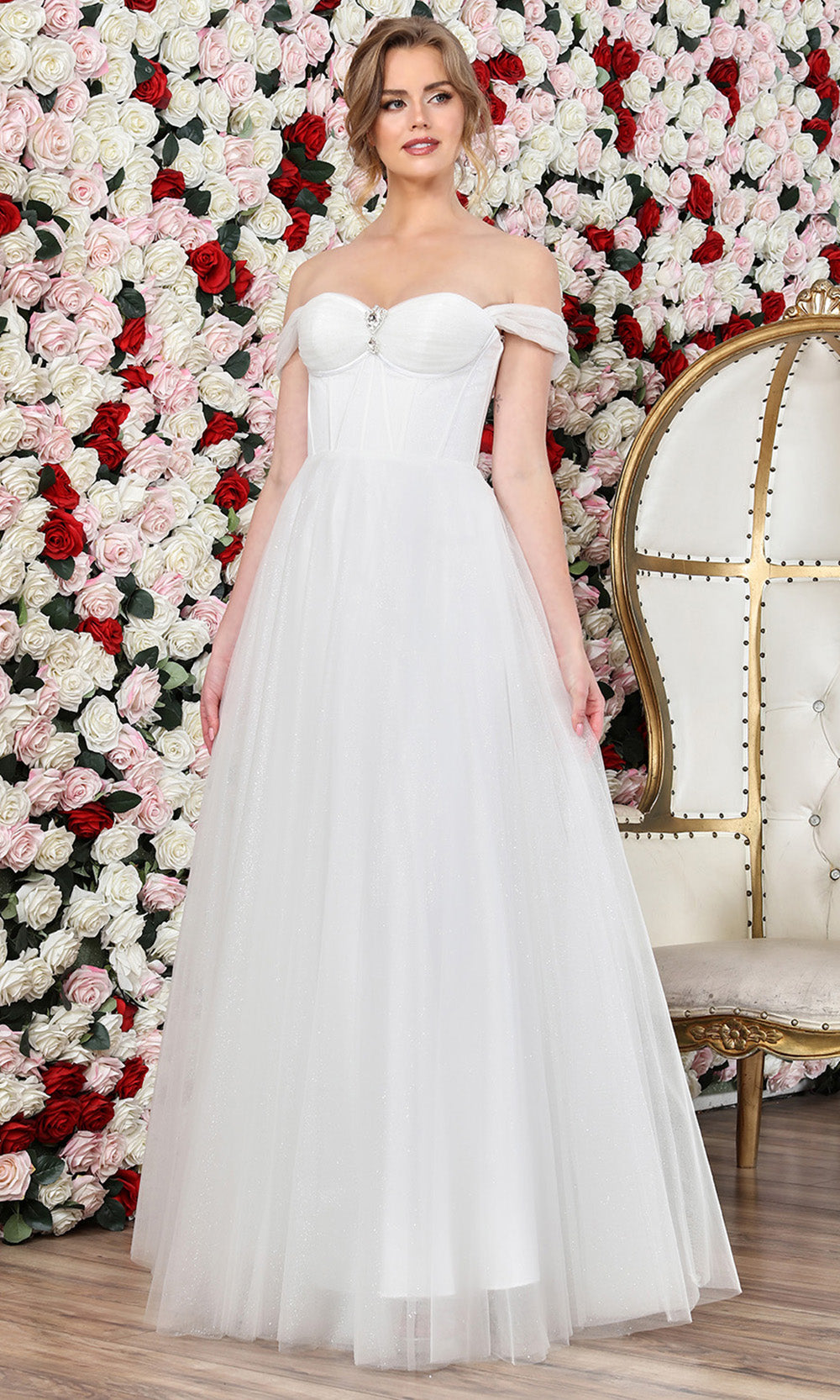 Adora Design 3244 - Beaded Brooch Off Shoulder Prom Gown In White