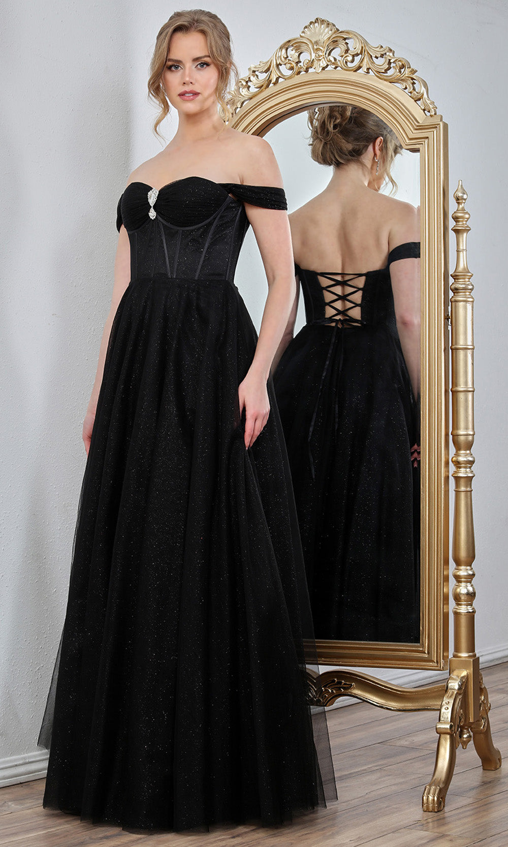 Adora Design 3244 - Beaded Brooch Off Shoulder Prom Gown In Black