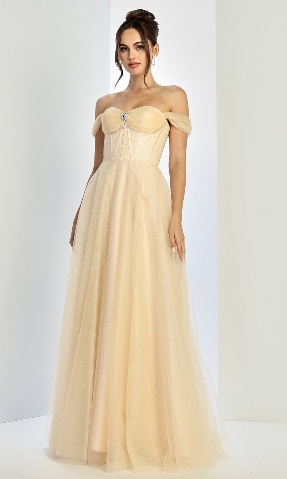 Adora Design 3244 - Beaded Brooch Off Shoulder Prom Gown In Neutral