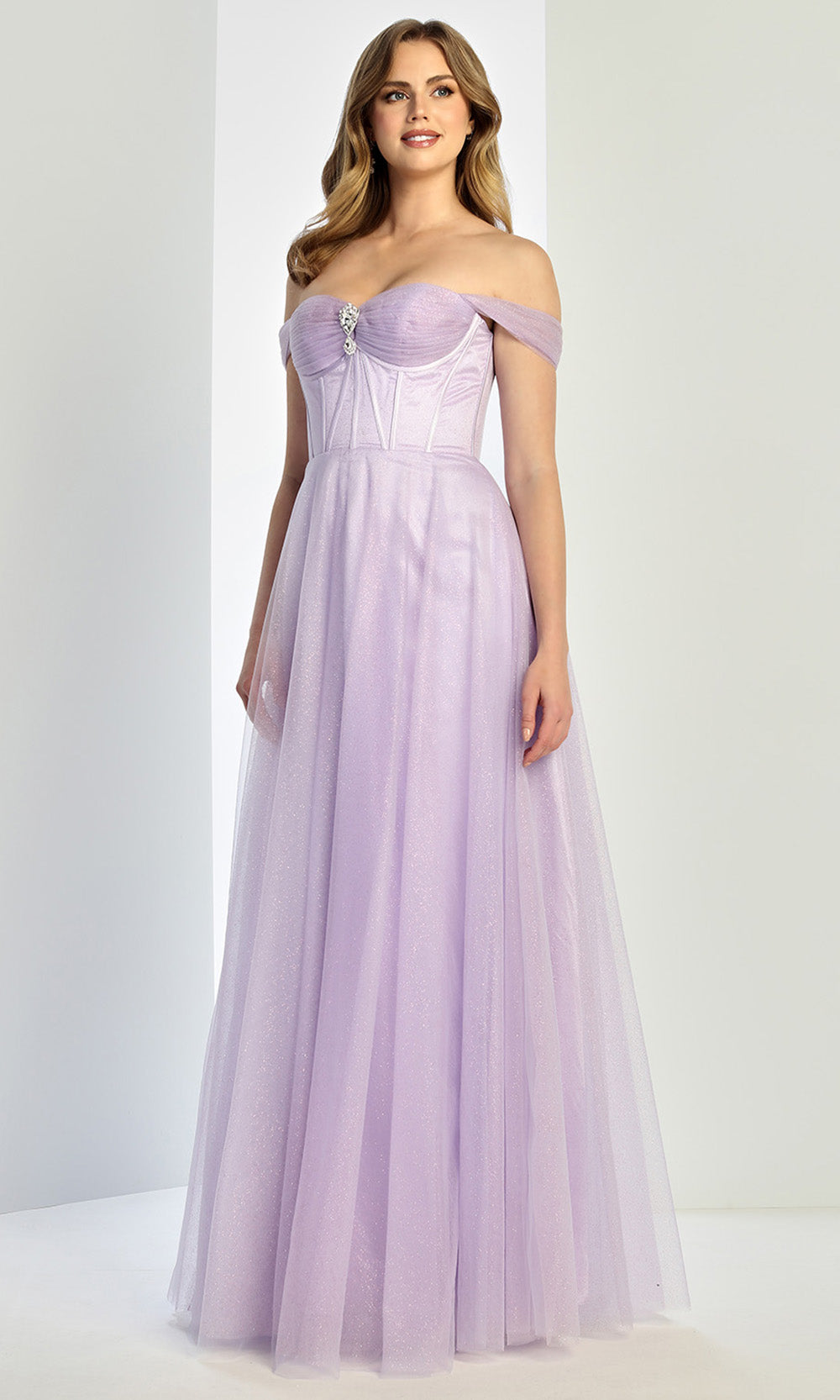 Adora Design 3244 - Beaded Brooch Off Shoulder Prom Gown In Purple