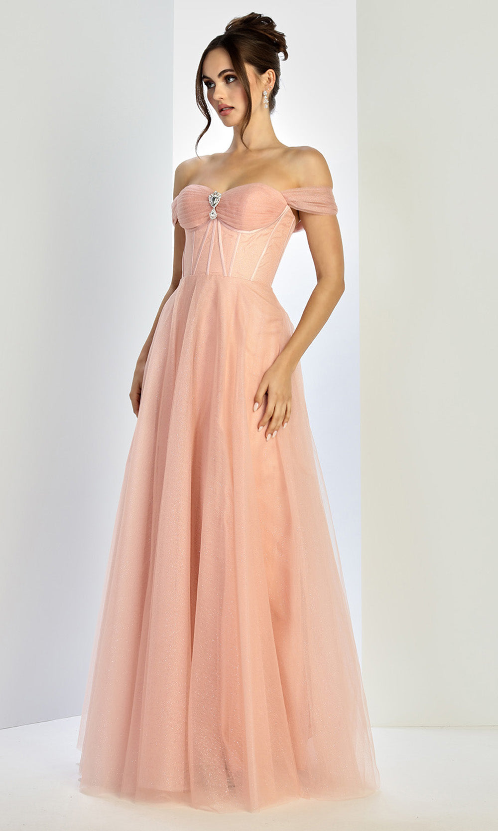 Adora Design 3244 - Beaded Brooch Off Shoulder Prom Gown In Pink