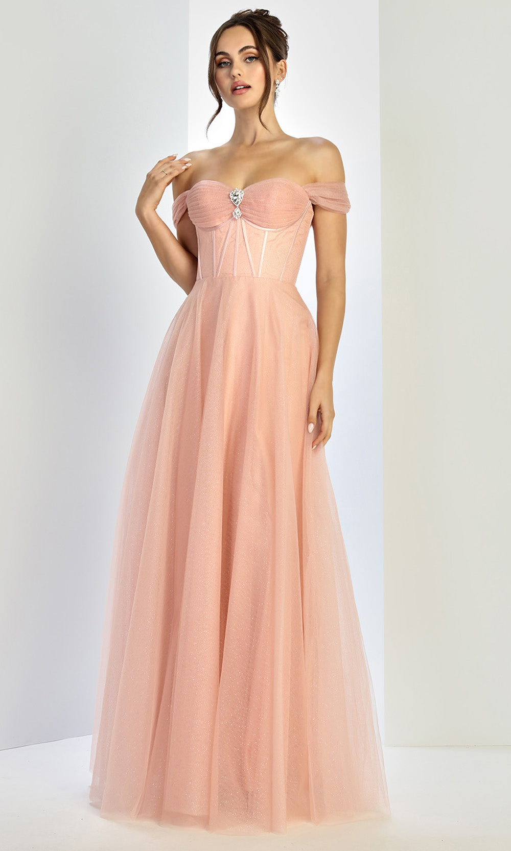 Adora Design 3244 - Beaded Brooch Off Shoulder Prom Gown In Pink