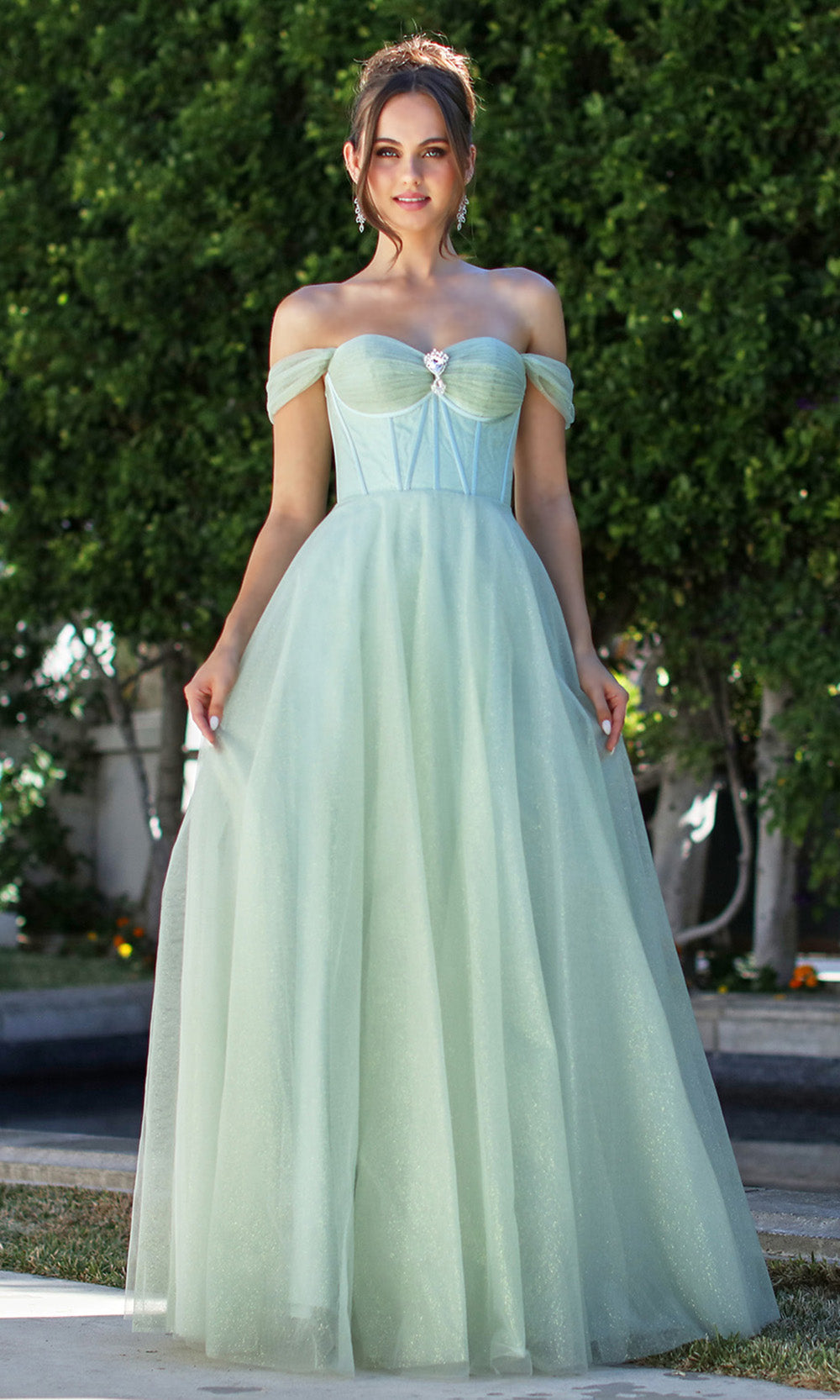 Adora Design 3244 - Beaded Brooch Off Shoulder Prom Gown In Green