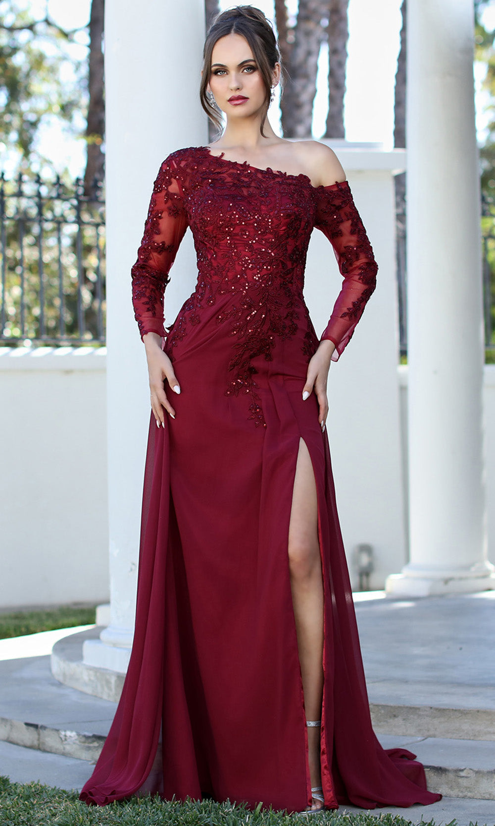 Adora Design 3245-03 - Applique Long Illusion Sleeve Formal Gown Mother Of The Bride Dresses in Red  