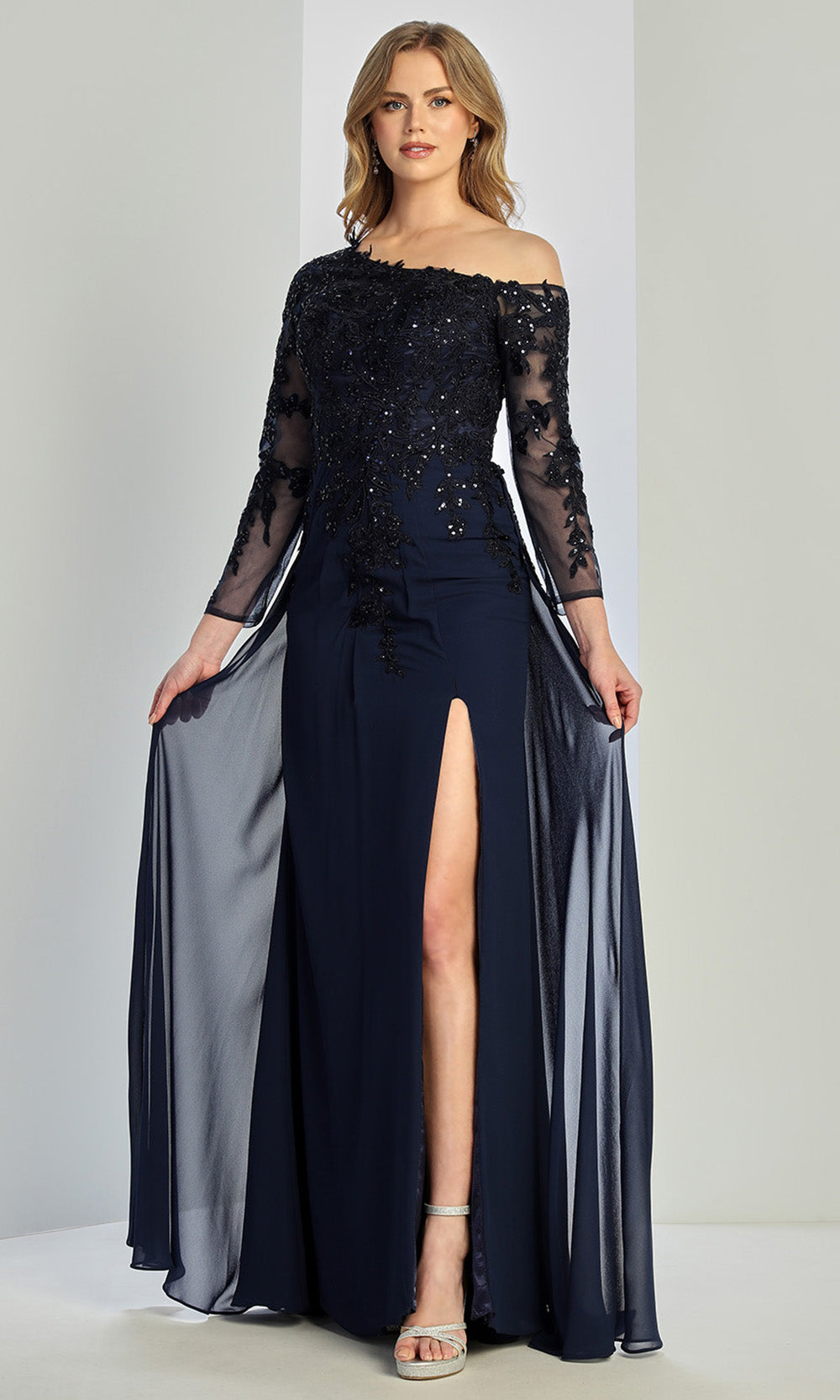 Adora Design 3245-03 - Applique Long Illusion Sleeve Formal Gown Mother Of The Bride Dresses in Blue  