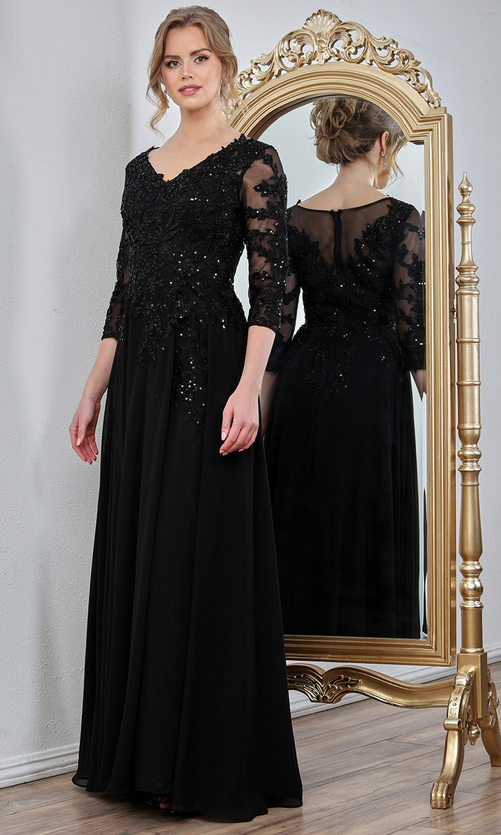 Adora Design 3247-03 - Three-Quarter Sleeve Flowing Formal Gown In Black