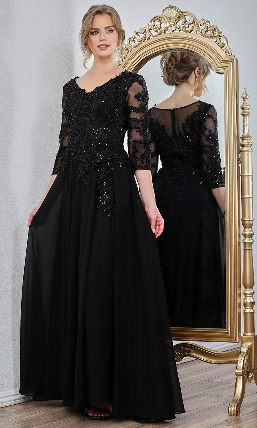 Adora Design 3247-03 - Three-Quarter Sleeve Flowing Formal Gown In Black