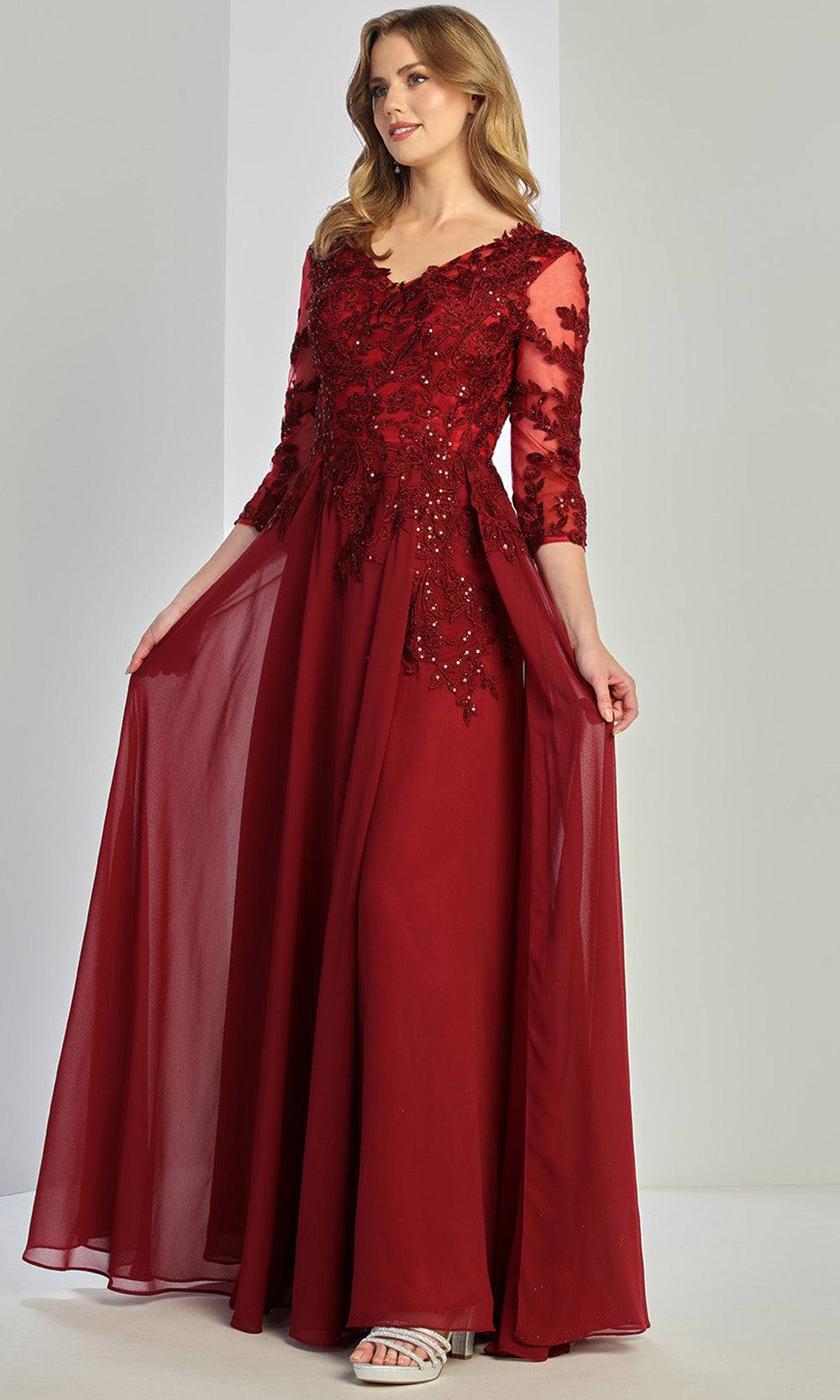 Adora Design 3247-03 - Three-Quarter Sleeve Flowing Formal Gown In Red
