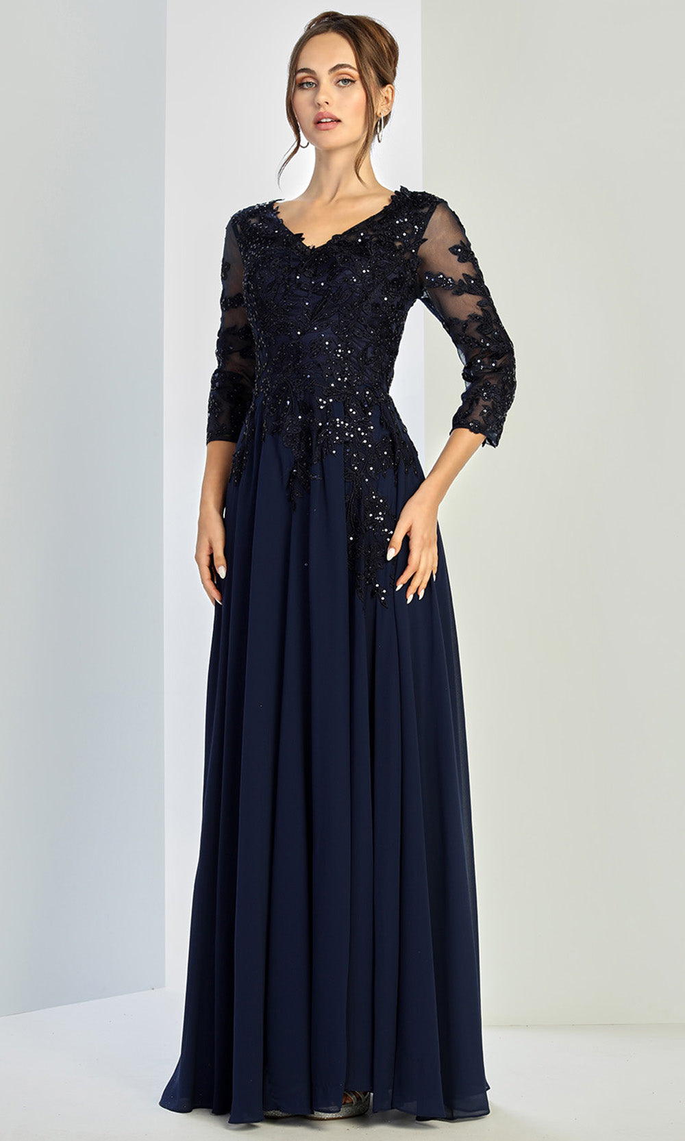 Adora Design 3247-03 - Three-Quarter Sleeve Flowing Formal Gown In Blue