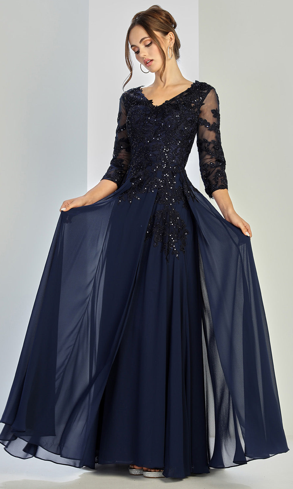 Adora Design 3247-03 - Three-Quarter Sleeve Flowing Formal Gown In Blue