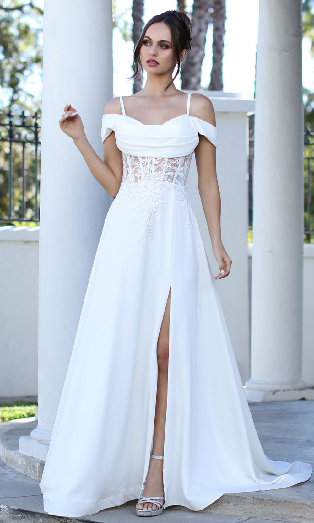 Adora Design 3251 - Cold Shoulder Beaded Lace Formal Gown In White