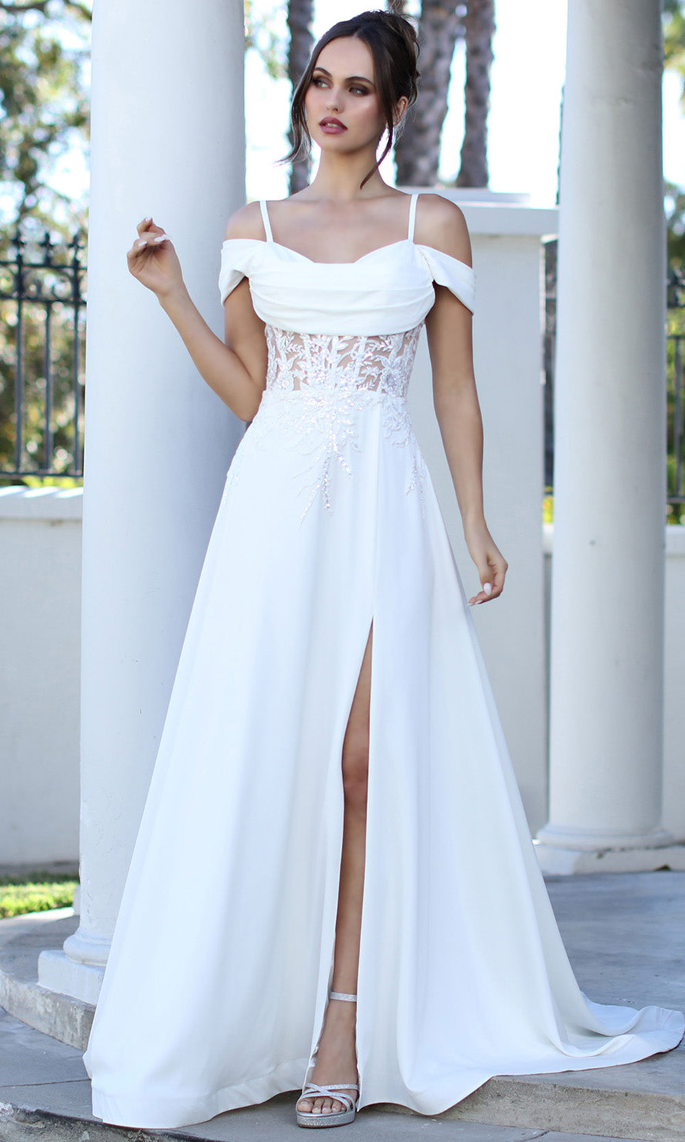 Adora Design 3251-01 - Lace Applique Cold Shoulder Bridal Gown In White