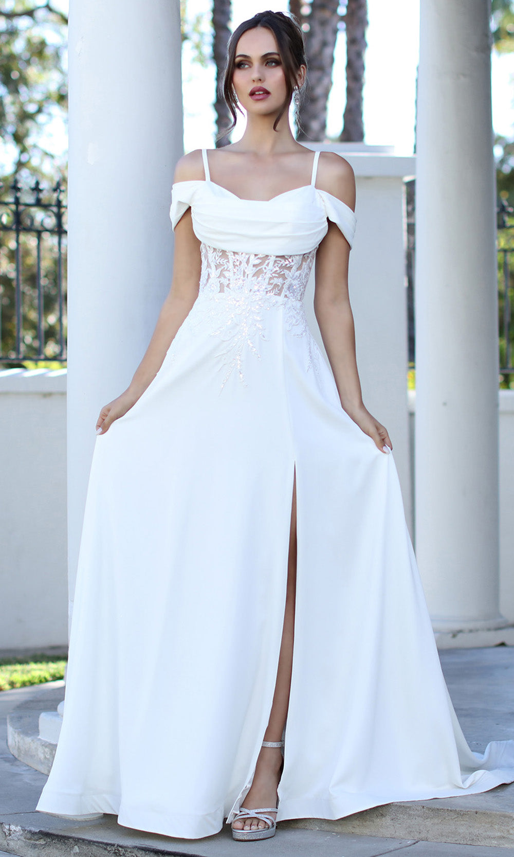 Adora Design 3251-01 - Lace Applique Cold Shoulder Bridal Gown In White