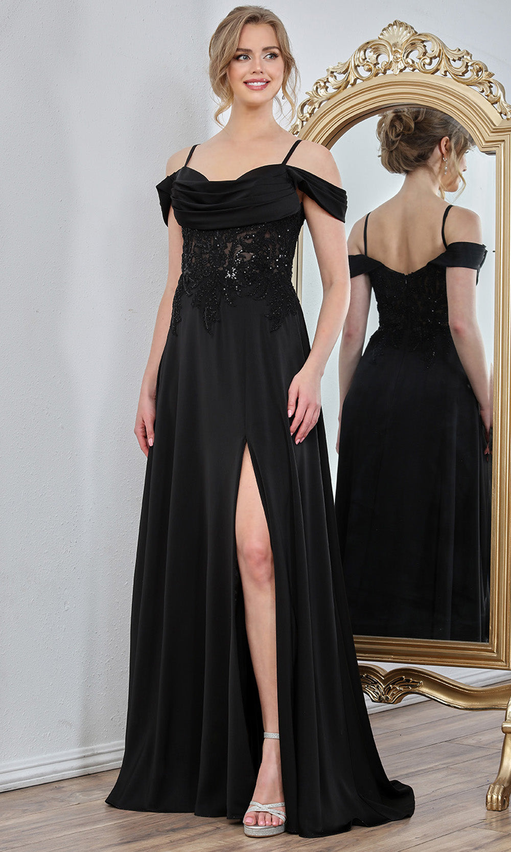 Adora Design 3251 - Cold Shoulder Beaded Lace Formal Gown In Black