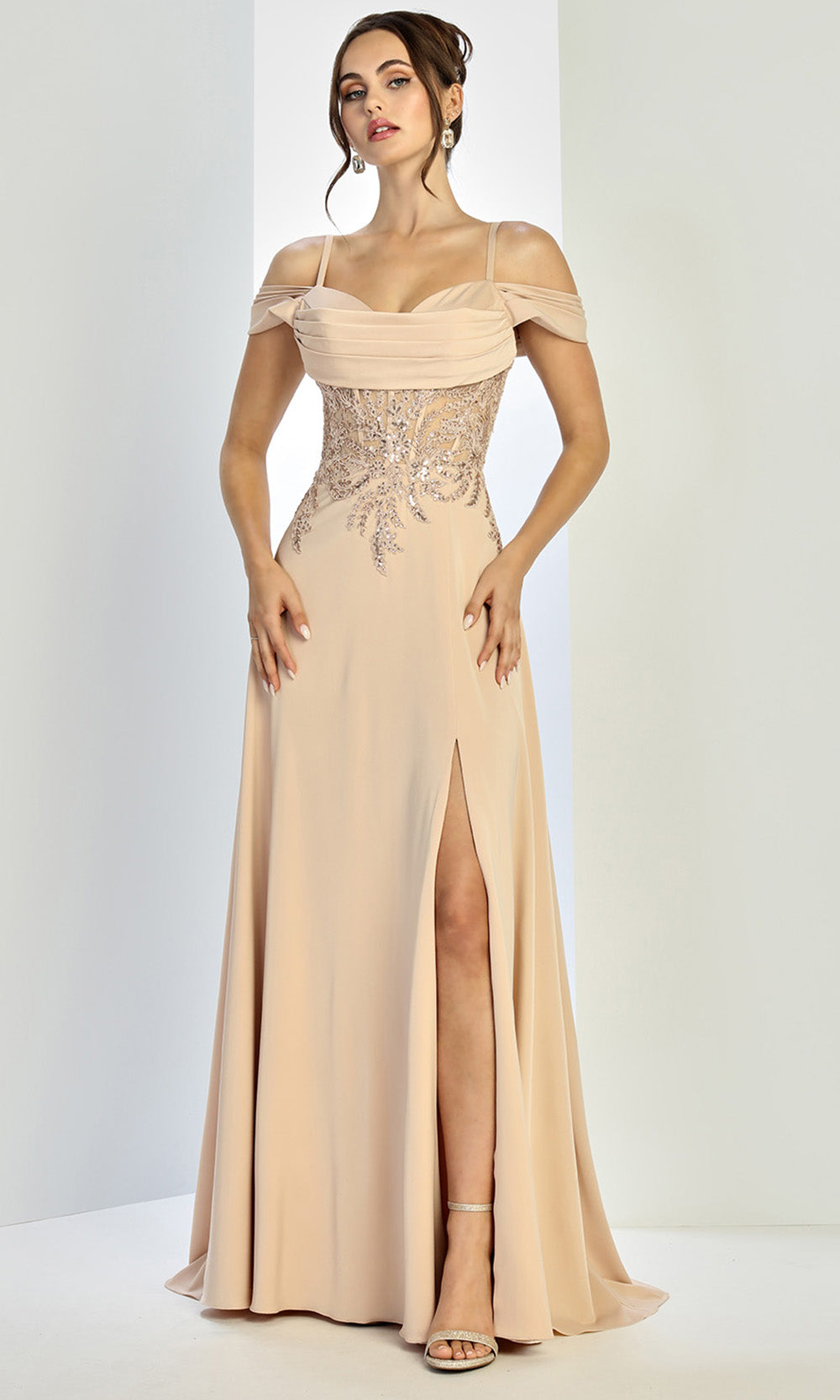 Adora Design 3251 - Cold Shoulder Beaded Lace Formal Gown In Neutral