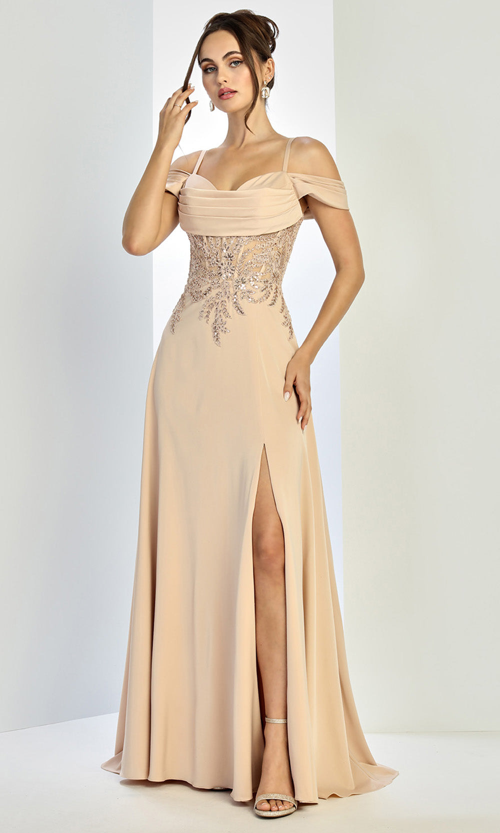 Adora Design 3251 - Cold Shoulder Beaded Lace Formal Gown In Neutral