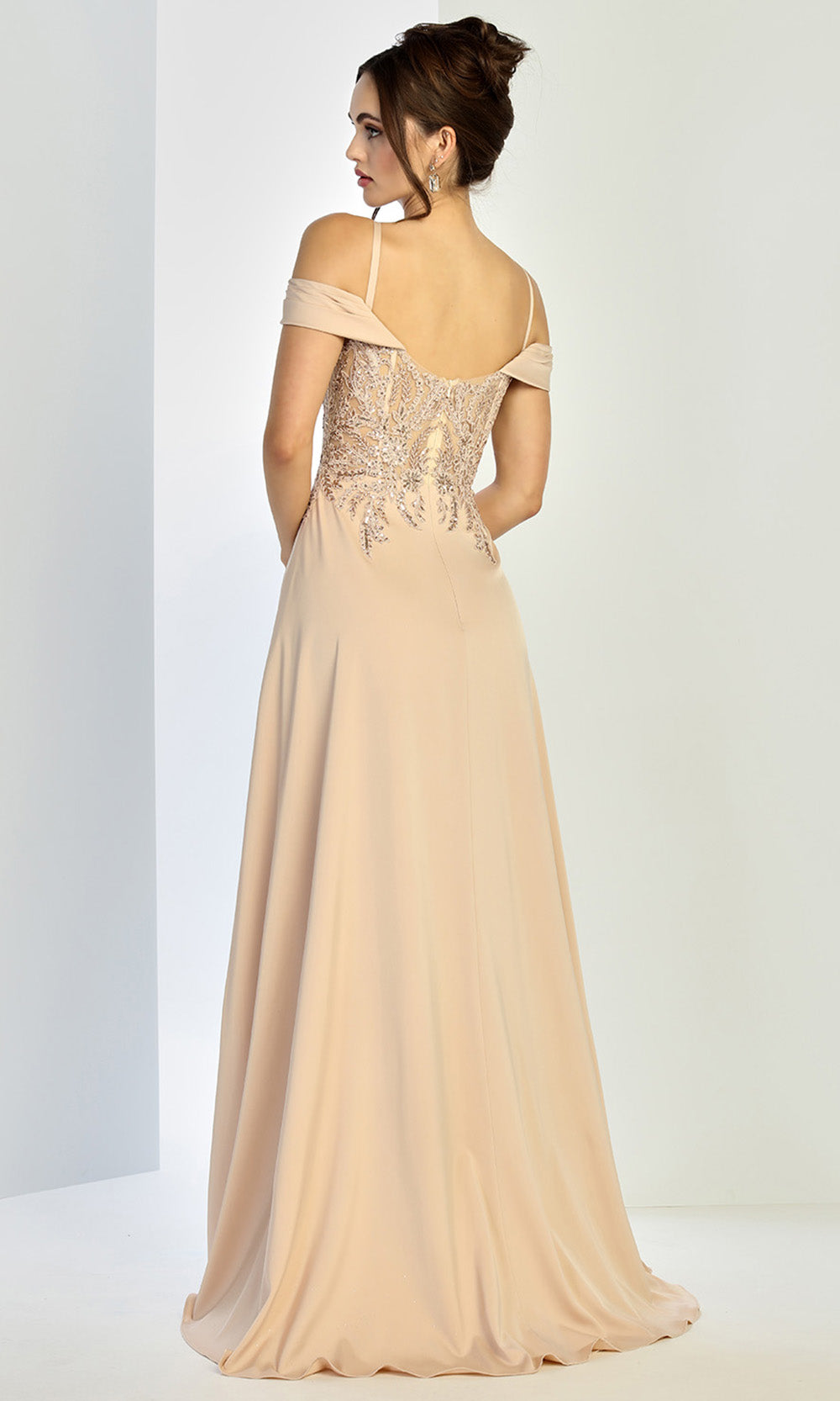 Adora Design 3251 - Cold Shoulder Beaded Lace Formal Gown In Neutral