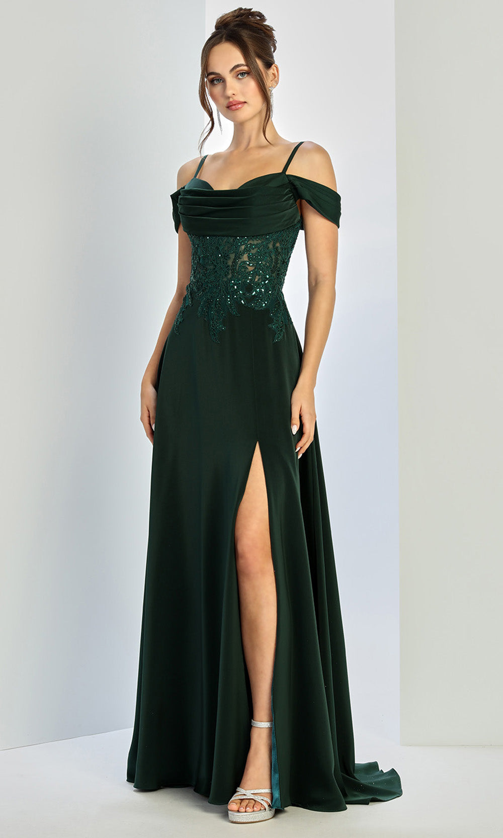 Adora Design 3251 - Cold Shoulder Beaded Lace Formal Gown In Green