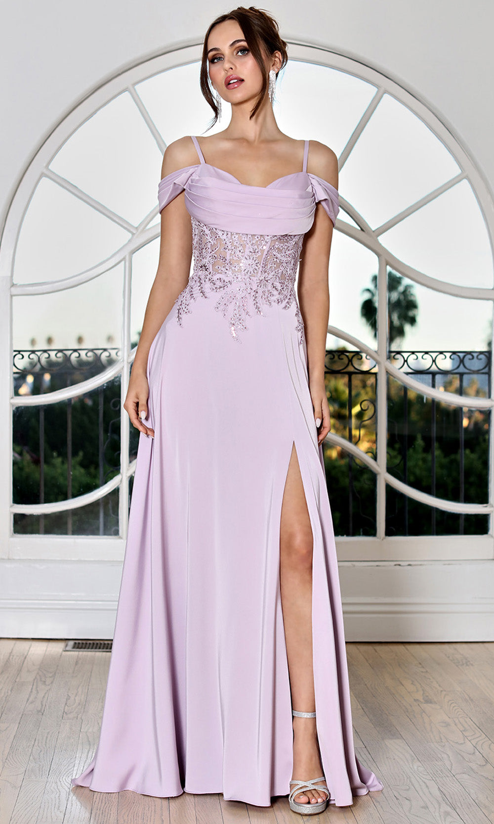 Adora Design 3251 - Cold Shoulder Beaded Lace Formal Gown In Purple