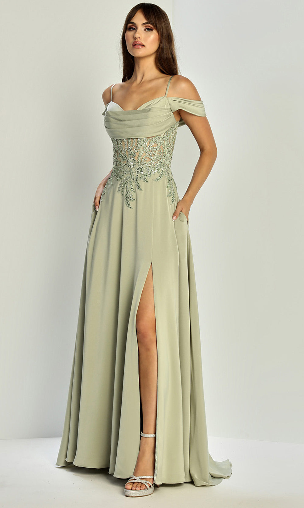 Adora Design 3251 - Cold Shoulder Beaded Lace Formal Gown In Green