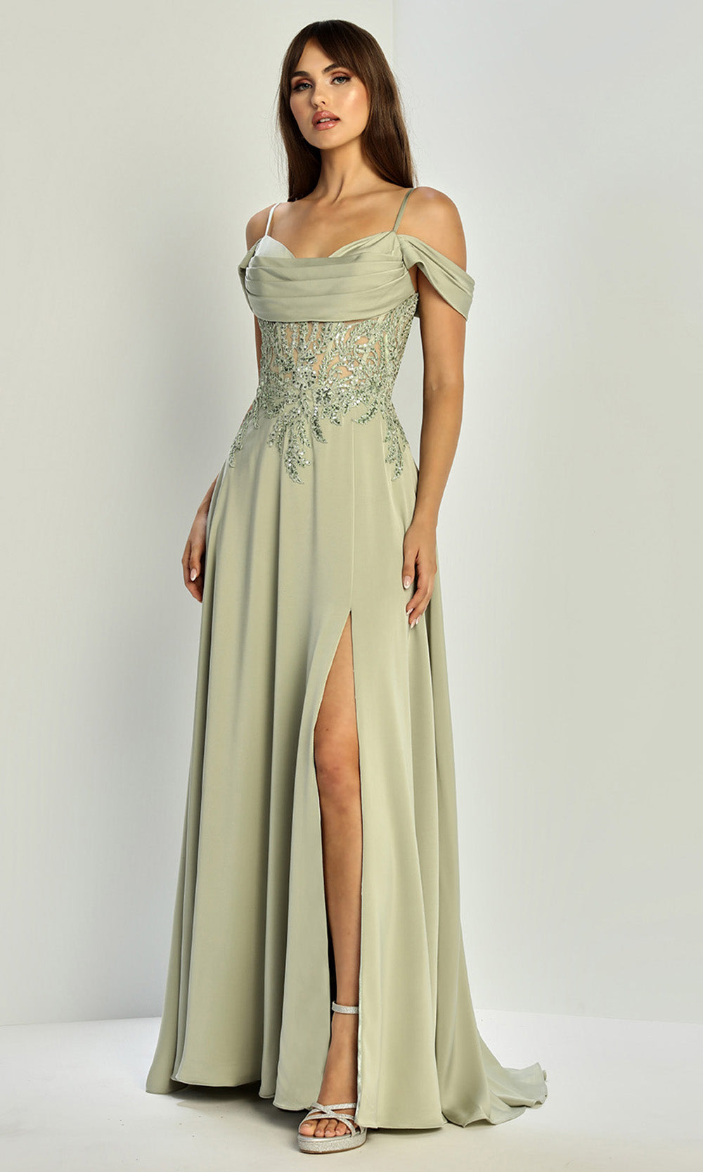 Adora Design 3251 - Cold Shoulder Beaded Lace Formal Gown In Green