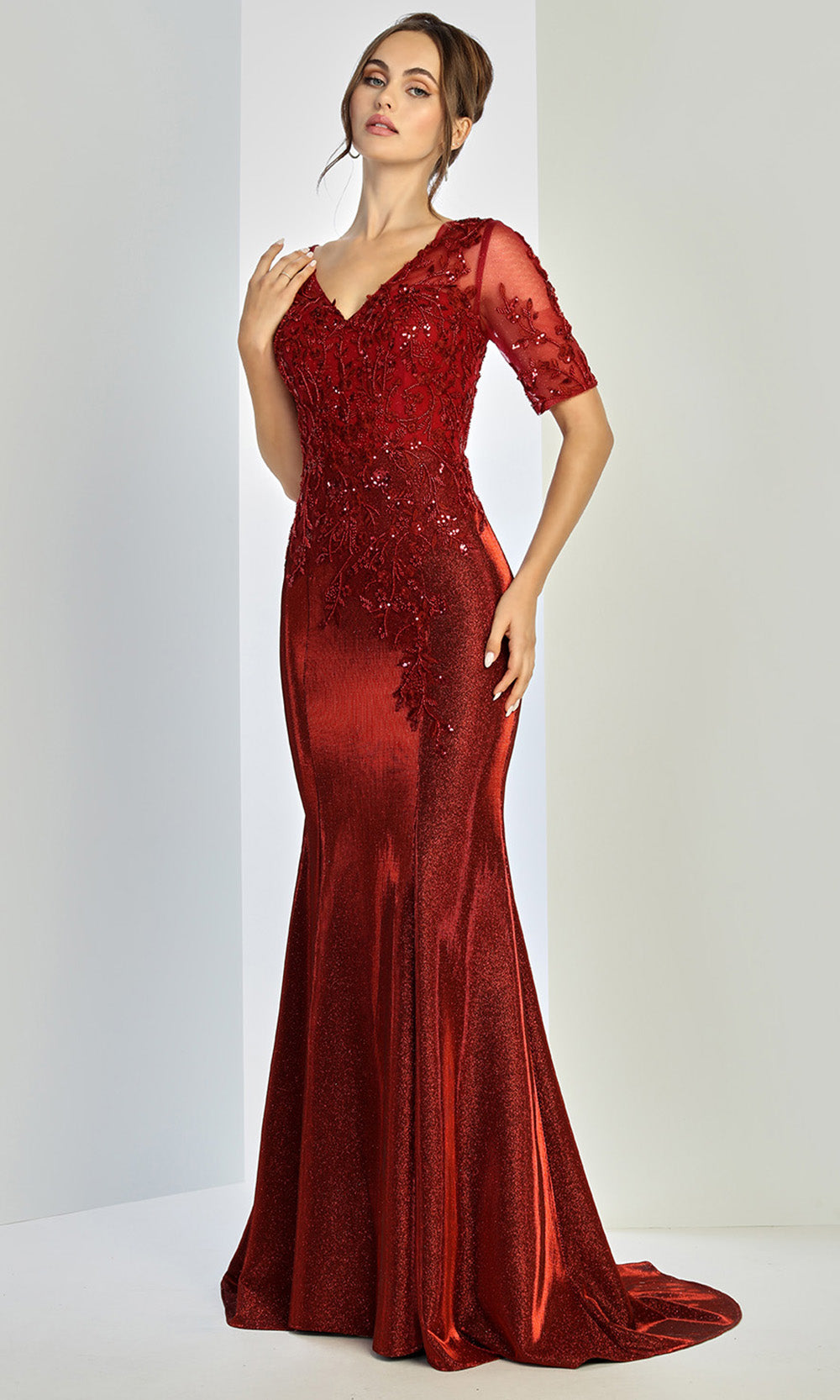 Adora Design 3252-03 - Beaded Lace Mermaid Formal Gown In Red