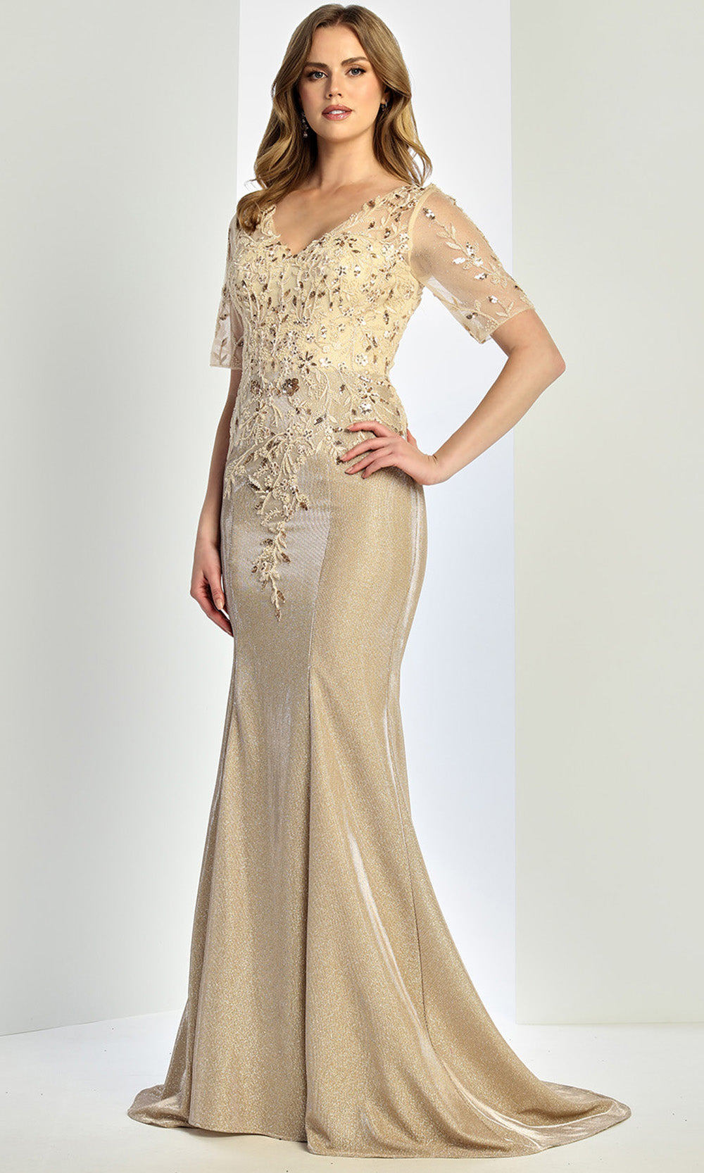 Adora Design 3252-03 - Beaded Lace Mermaid Formal Gown In Neutral