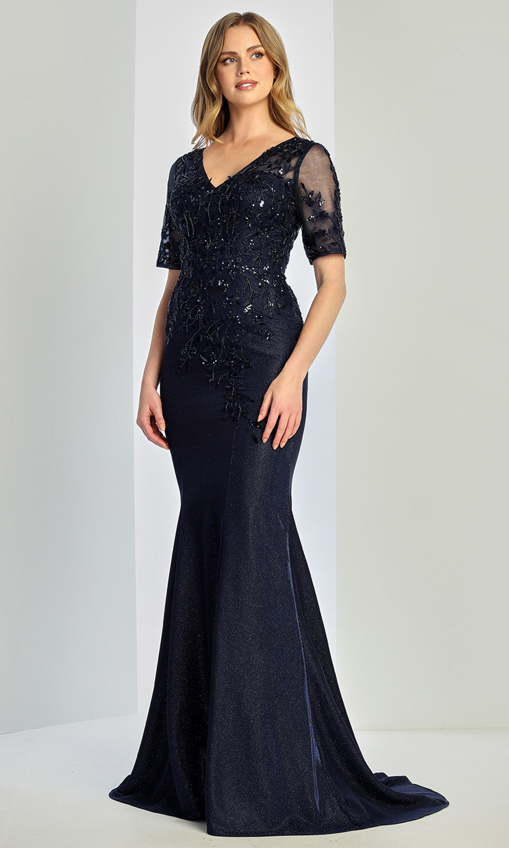 Adora Design 3252-03 - Beaded Lace Mermaid Formal Gown In Navy