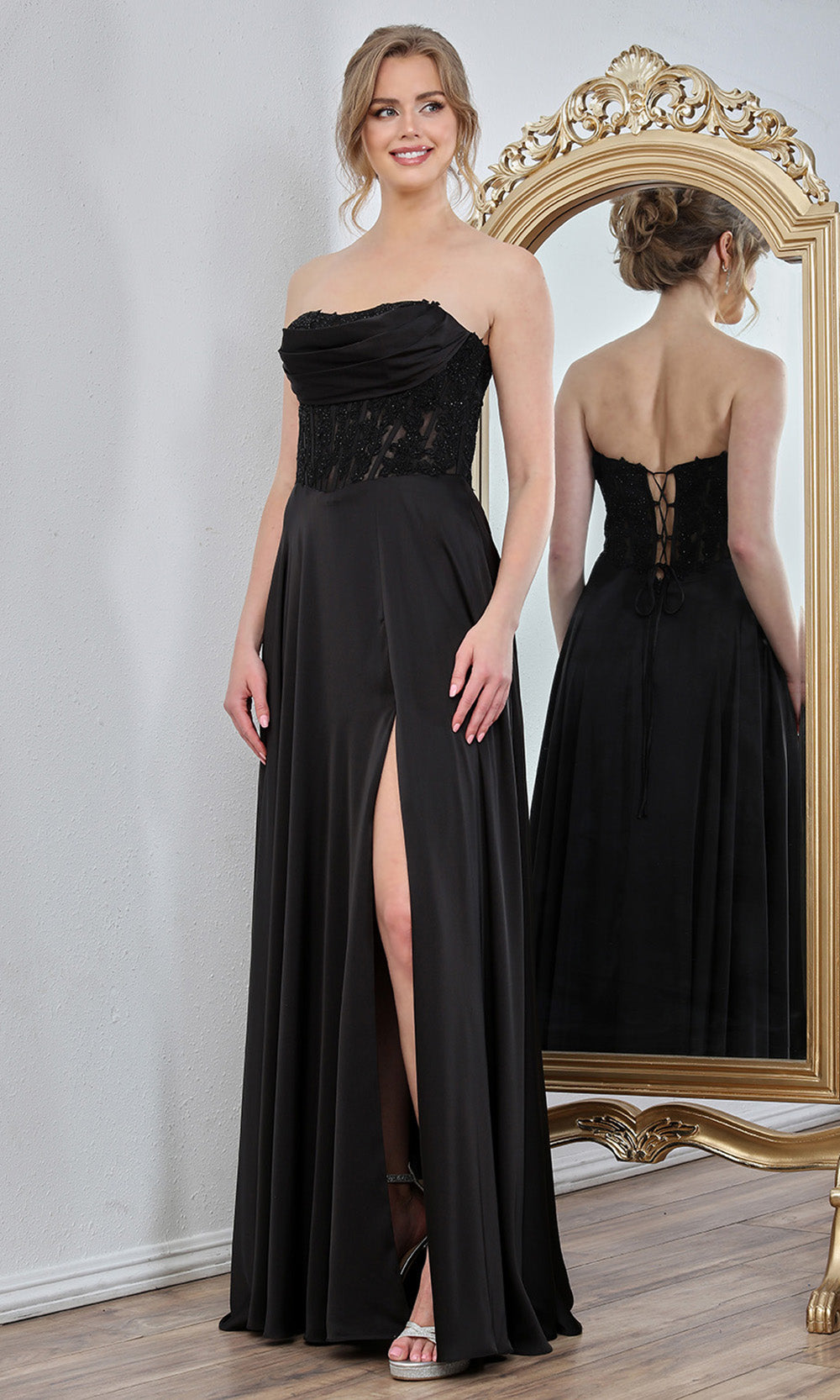 Adora Design 3254 - Embroidered Illusion Corset Flowing A-Line Gown In Black