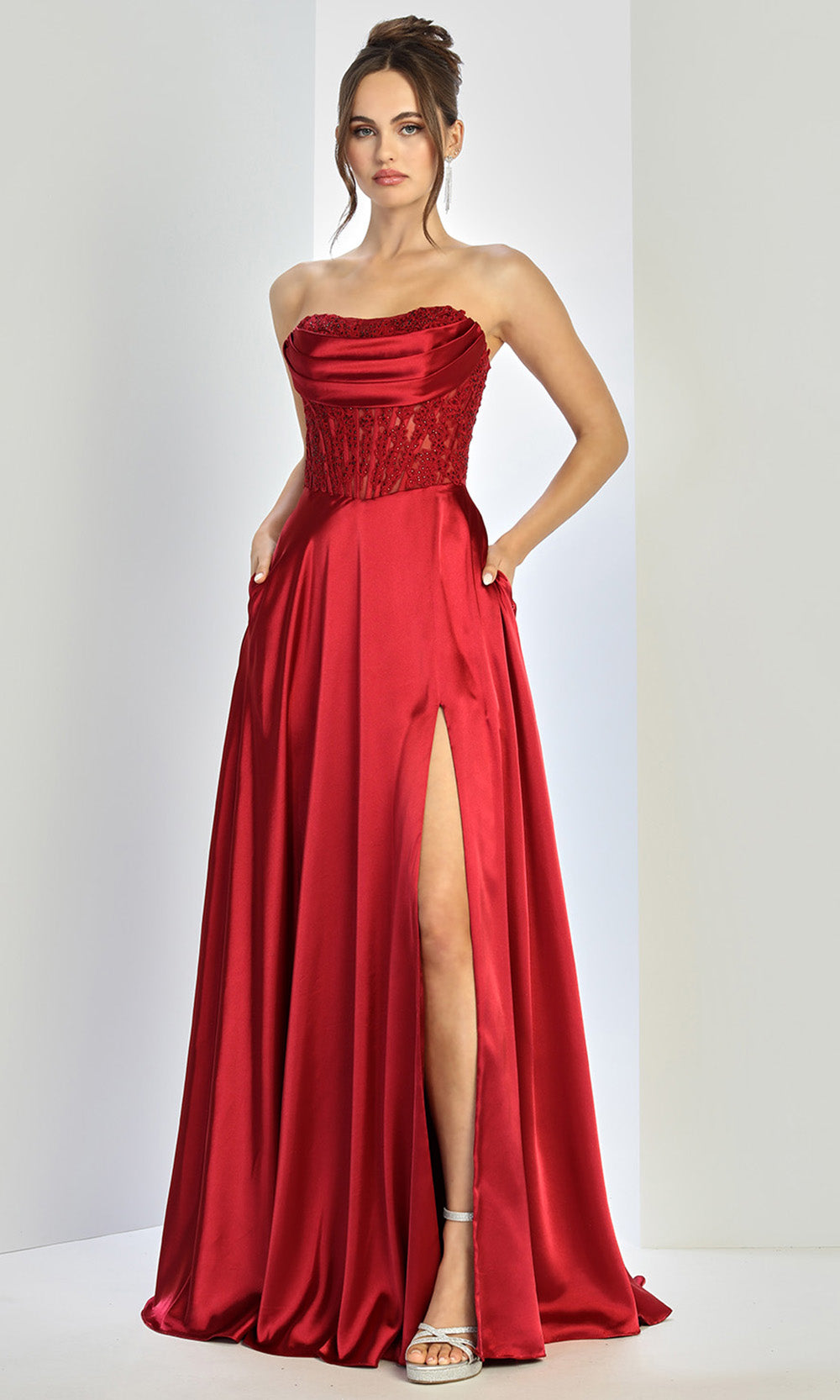 Adora Design 3254 - Embroidered Illusion Corset Flowing A-Line Gown In Red