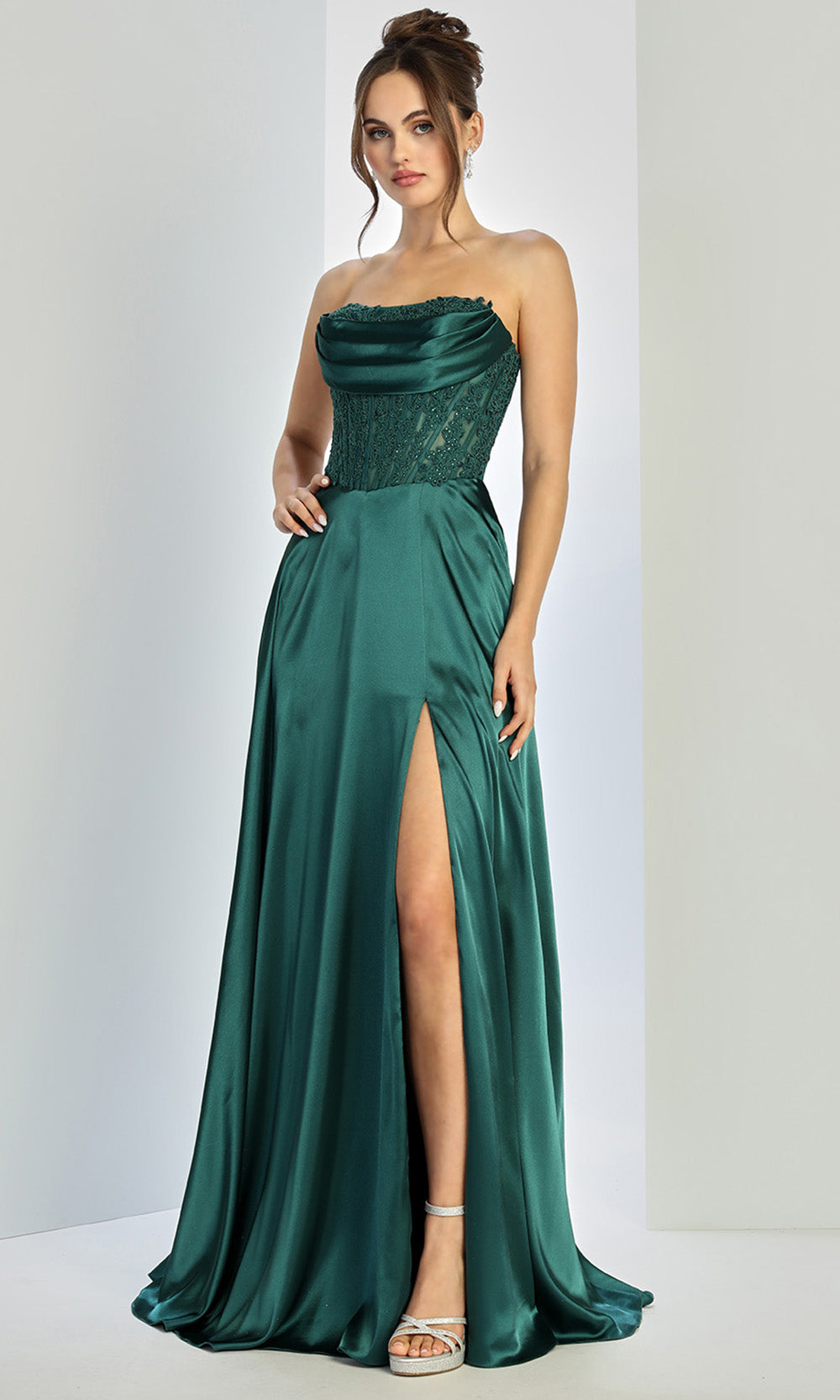Adora Design 3254 - Embroidered Illusion Corset Flowing A-Line Gown In Green