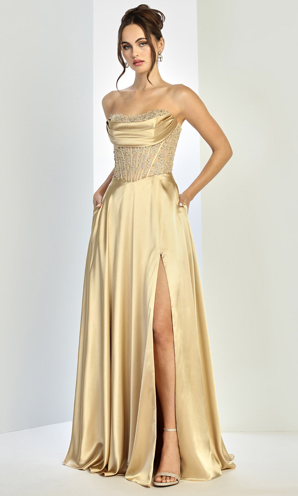 Adora Design 3254 - Embroidered Illusion Corset Flowing A-Line Gown In Gold